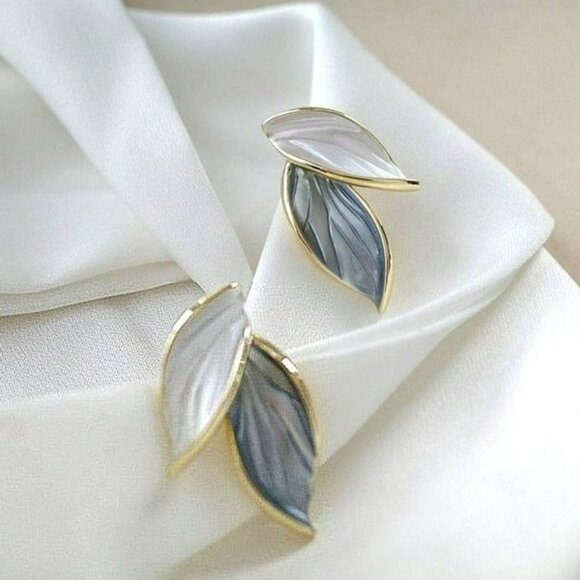 Natalie Elyse Leaf Earrings in Soft Blue and Creamy White on Gold Gift Packaged - Picture 1 of 9